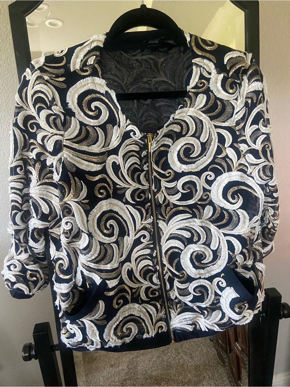 Chico's Jacket with White & Gold Swirl Embroidery